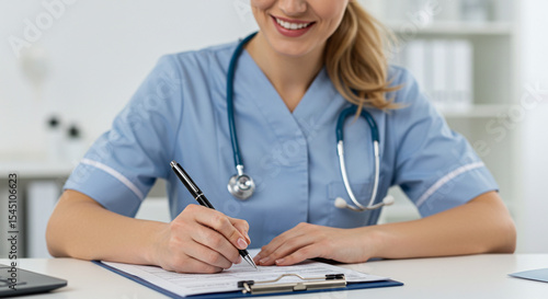 A smiling nurse in scrubs writing on a clipboard with a pen in a bright medical office setting
