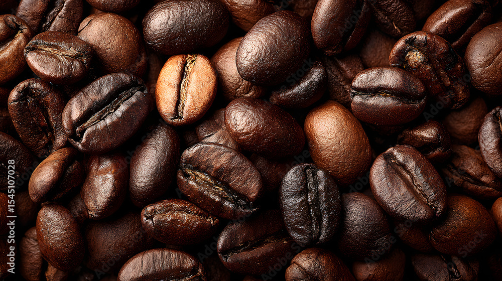 Obraz premium Dense background filled with an abundance of roasted coffee beans, creating a rich and textured visual with a uniform brown hue