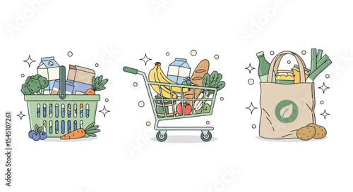 Grocery Shopping Reusable Bags, Carts, and Baskets – Illustration