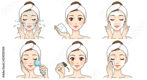 Complete Guide to Facial Cleansing and Skincare Routine Step-by-Step Illustrations
