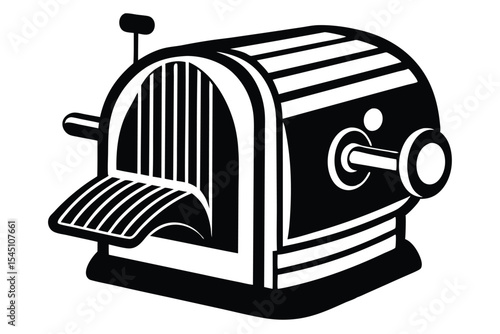 Detailed Monochrome Illustration of an Antique Pencil Sharpener with Crank Handle and Blade Compartment