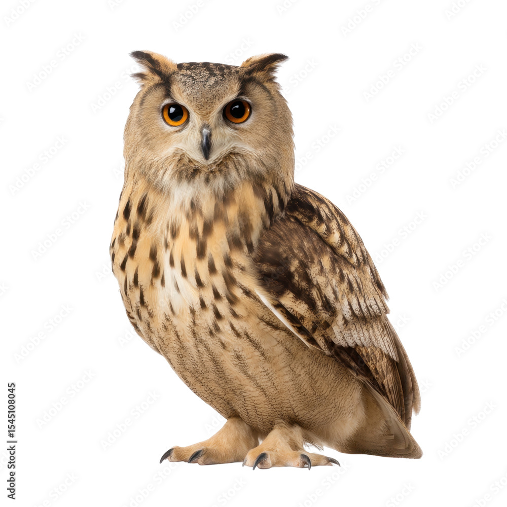 Obraz premium Majestic Owl Perched Gracefully with Striking Feathers and Intense Eyes Against a Clean Background Transparent background or png