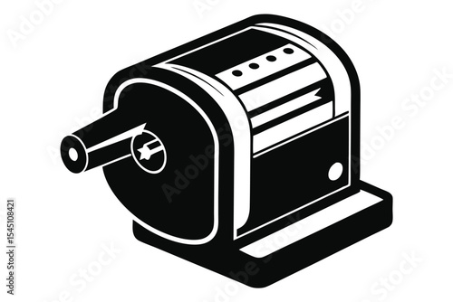 Black and White Illustration of Vintage Style Rotary Pencil Sharpener with Catch Tray Design