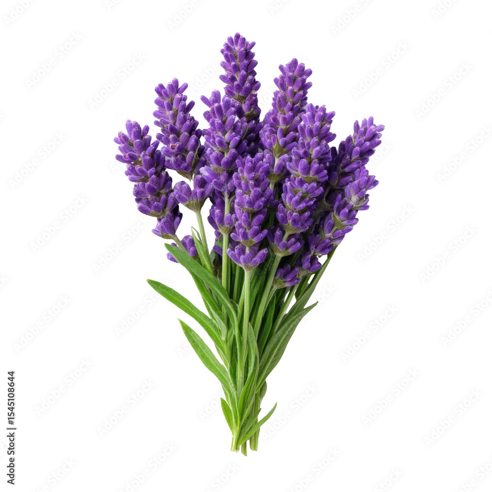 Fototapeta premium Fresh Lavender Bouquet with Vibrant Purple Flowers and Green Leaves on a Light Background Transparent background or png