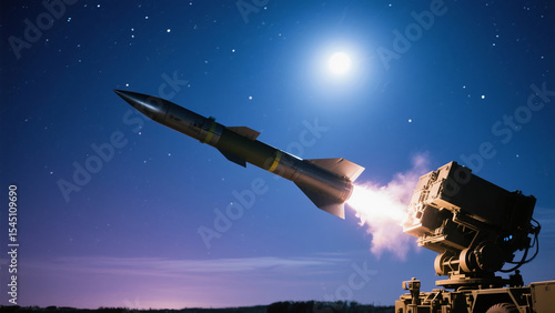 Precision strike: Ballistic missile launch with night sky stars in the background