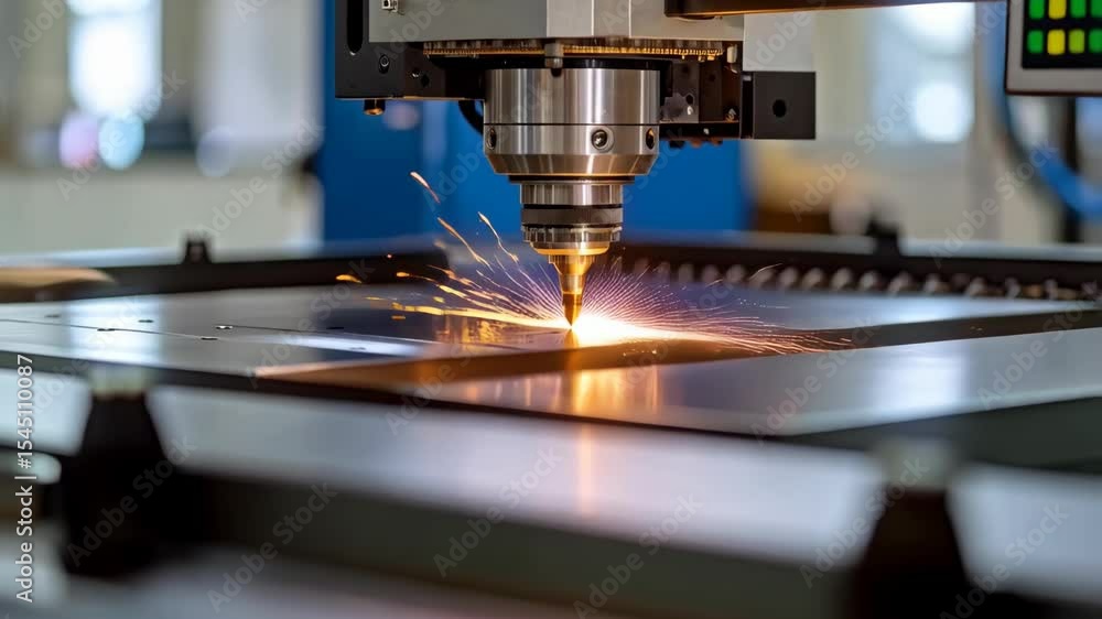 Automated laser cutting machine precisely cutting a sheet of shiny metal, creating bright sparks in a manufacturing facility. Automated laser cutting machine precisely cutting a sheet of shiny metal, creating bright sparks in a manufacturing facility.