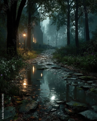 Mysterious Dark Forest Path with Fog and Stream at Night