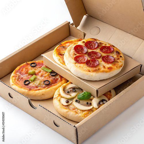 Assorted mini pizzas with various toppings in a cardboard delivery box