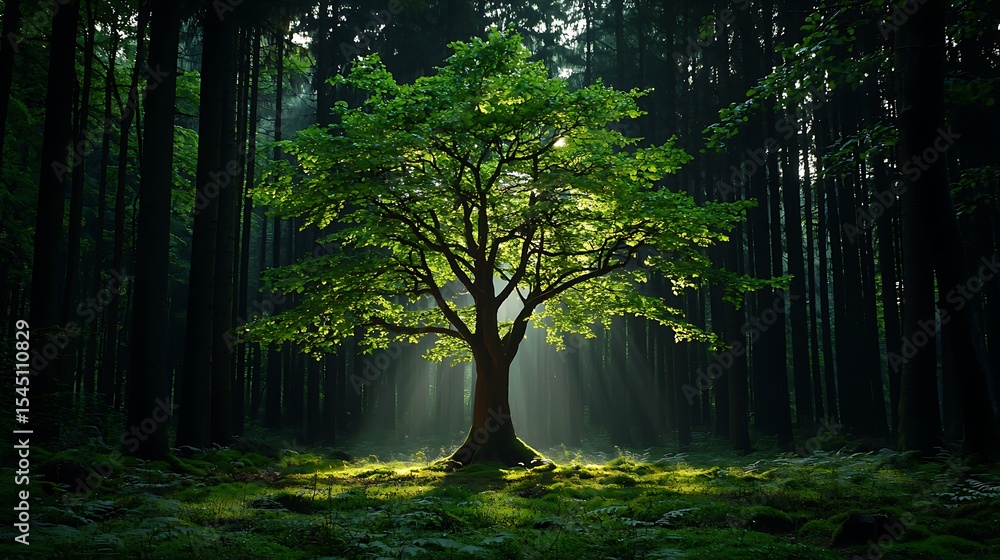 Obraz premium Sunlit Deciduous Tree in a Dark Forest Sunlight Beams through Canopy Sunbeams