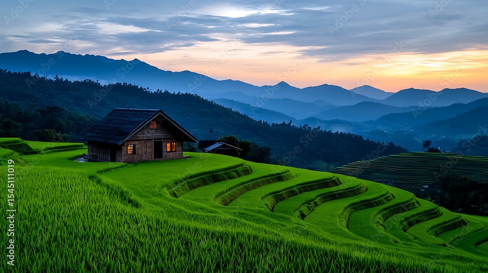 Obraz premium Wooden house on terraced rice fields at sunset mountain backdrop Terraced fields