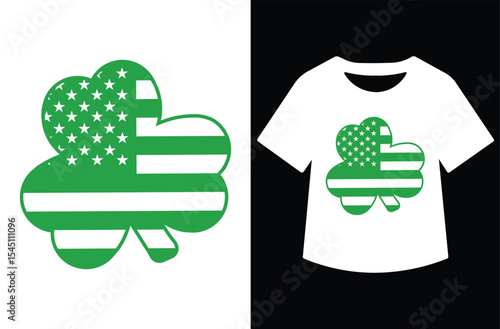 Clover-shaped American flag design for t-shirts. Displayed on white background and printed on a white t-shirt against a black background. Ideal for patriotic or St. Patrick’s Day themes.