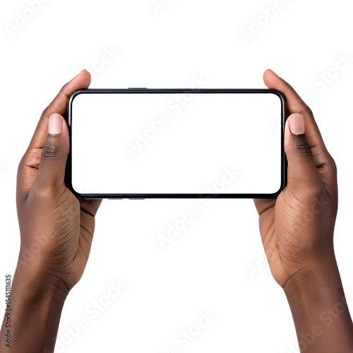 African American hands holding a smartphone in landscape orientation with blank screen