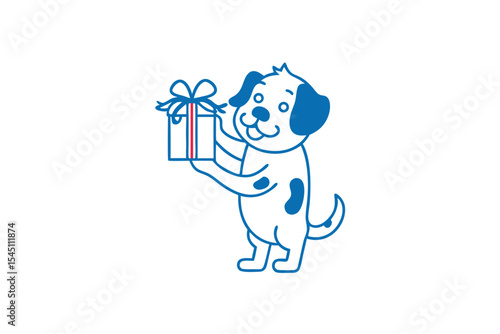 Adorable cartoon dog excitedly presents a charming gift box with a bright bow