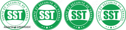 green sst sante et securite au travail round stamp icons in vector style with bold text	