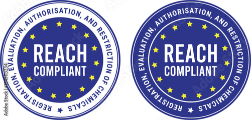 blue registraion, evaluation, authorisation and restriction of chemicals reach compliant badges with stars and circular text used for regulatory chemical safety certification	