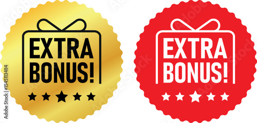 Gold and red extra bonus badges with stars and gift icon used for promotions, rewards, and offers	