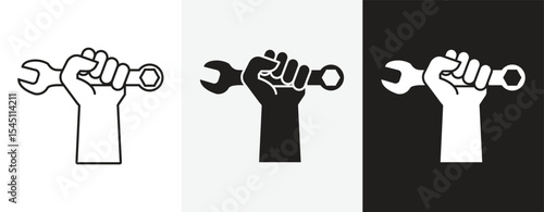 Set of vector icons of hand holding wrench in three different styles