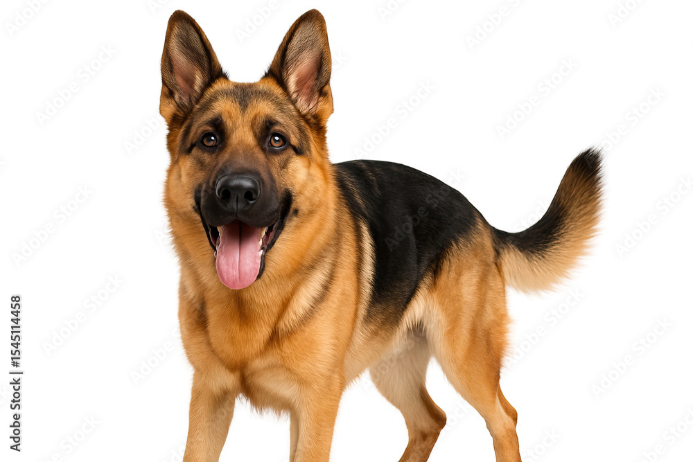 A cheerful German shepherd dog stands with its tongue out showcasing a playful demeanor A cheerful German shepherd dog stands with its tongue out showcasing a playful demeanor