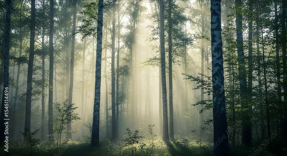 Obraz premium Soft Sunlight in a Misty Tall Tree Forest