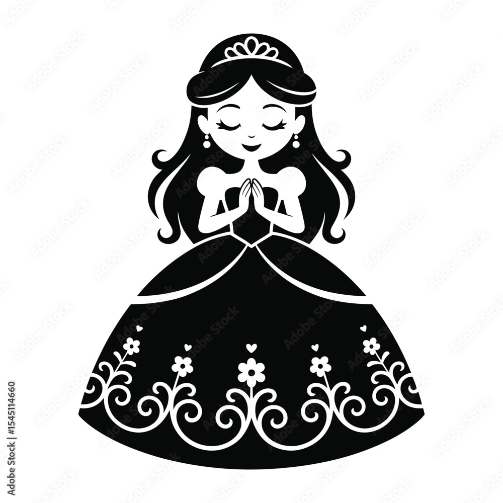 Fototapeta premium Black and White Princess Illustration Praying Hands Floral Gown Crown girl woman