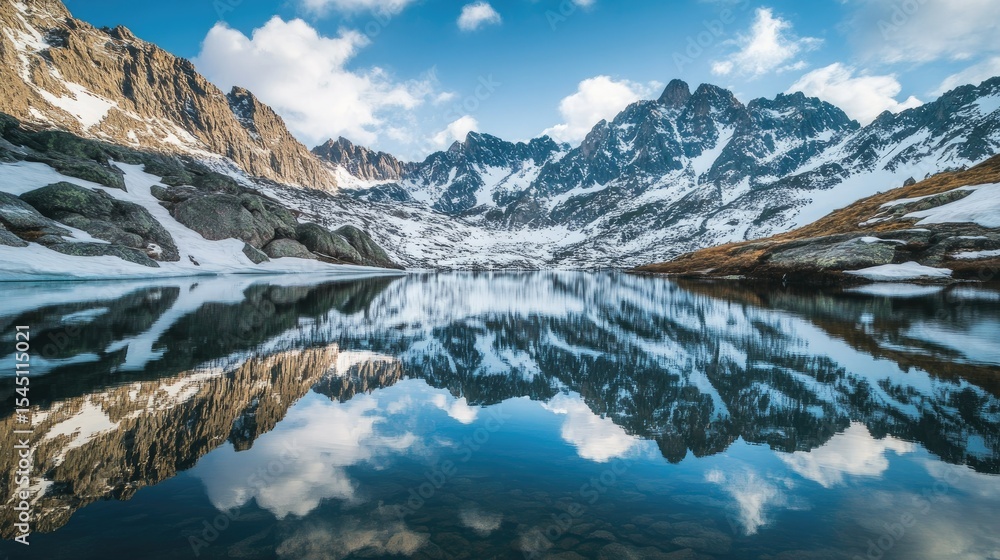 Fototapeta premium Serene mountain lake reflecting a dramatic sky.