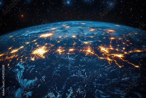 Realistic Night View of Earth From Space Showing City Lights and Satellite Connections