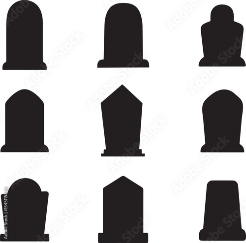 Set of Tombstone silhouettes for Halloween Design, gravestone, headstone icon set, collection of different gravestones silhouette vector illustration