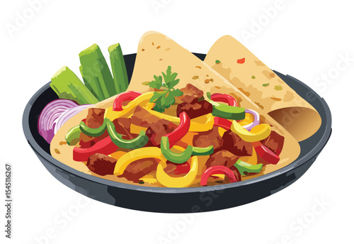 Sizzling Fajita Plate with Tortillas - Vector Illustration