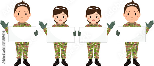 自衛隊　プラカードを持つ男性と女性自衛官のイラスト
