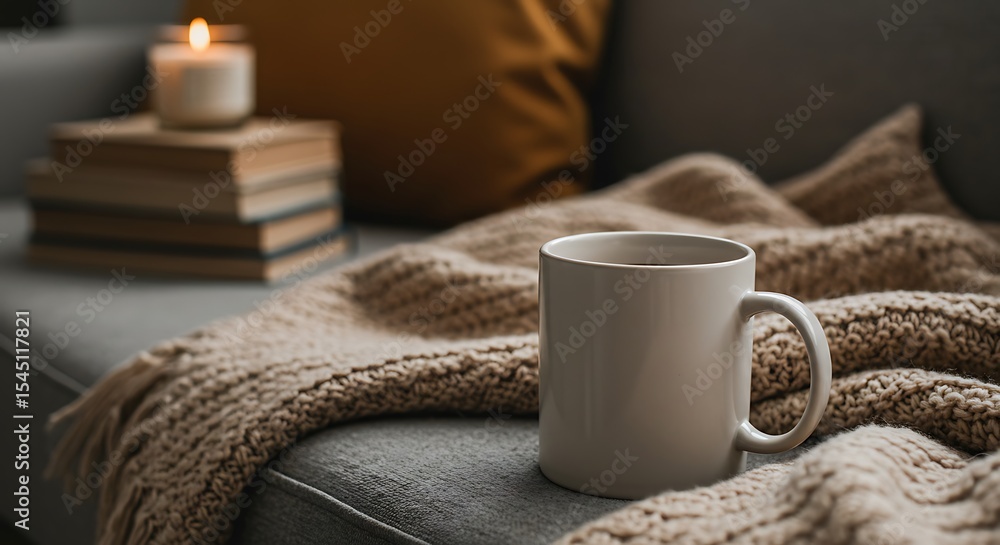 Cozy White Mug on Knitted Blanket with Candle and Books in Soft Warm Interior Cozy White Mug on Knitted Blanket with Candle and Books in Soft Warm Interior