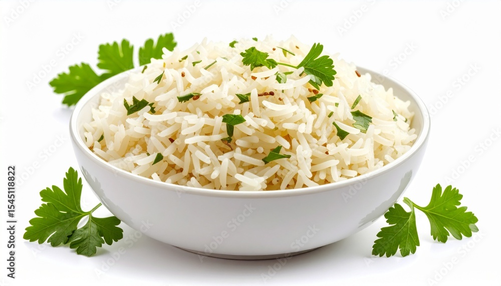 Aromatic Basmati Rice in White Bowl Garnish with Parsley. Aromatic Basmati Rice in White Bowl Garnish with Parsley.