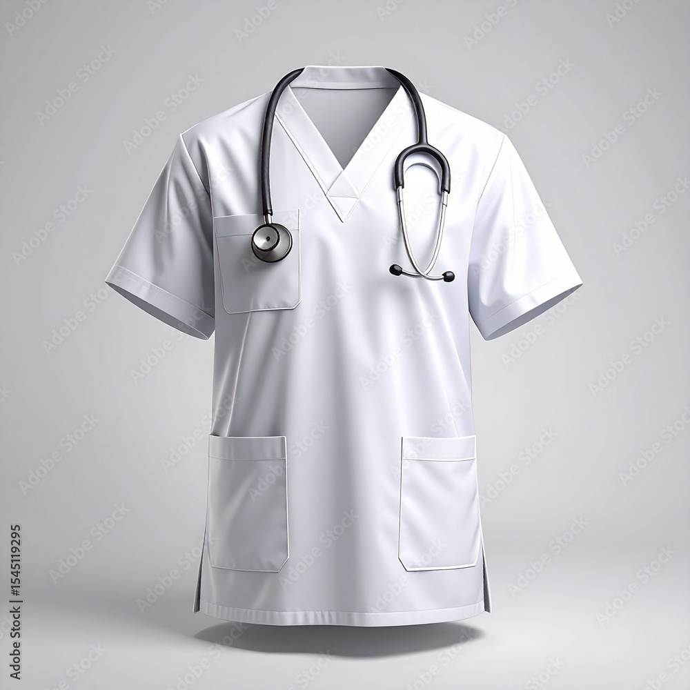 Clean White Medical Scrub Top with Stethoscope Healthcare Professional Uniform. Clean White Medical Scrub Top with Stethoscope Healthcare Professional Uniform.