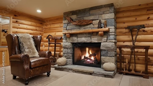 Cozy Fireplace Interior: Warm inviting fireplace with stone hearth and rustic wooden accents creates a sense of tranquility and inviting ambiance.