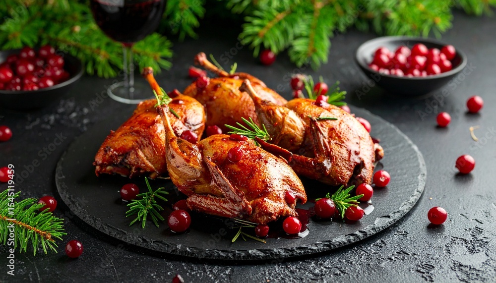 Roasted Quail with Cranberries Festive Holiday Dinner. Roasted Quail with Cranberries Festive Holiday Dinner.