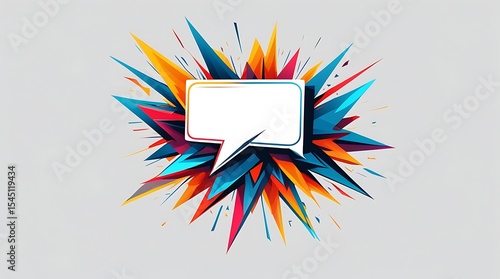 A powerful vector illustration showcases a speech bubble shattering into sharp geometric fragments, featuring a vibrant color palette.