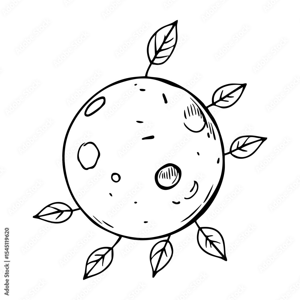 A charming hand drawn illustration of a stylized moon with crater details and small leaves sprouting from its surface A charming hand drawn illustration of a stylized moon with crater details and small leaves sprouting from its surface