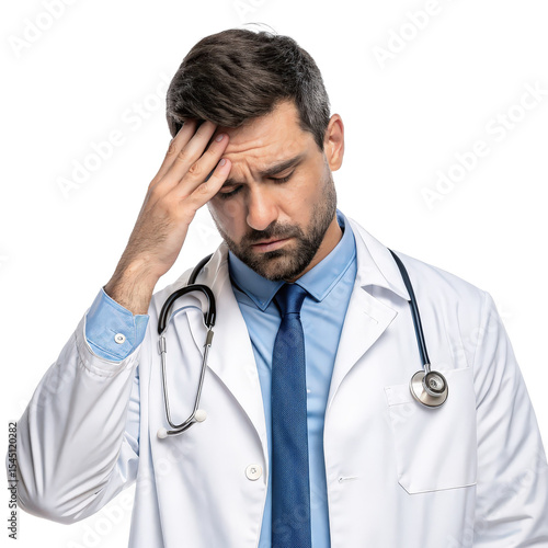 Doctor Exhaling Deeply with Hand on Forehead, Cut Out