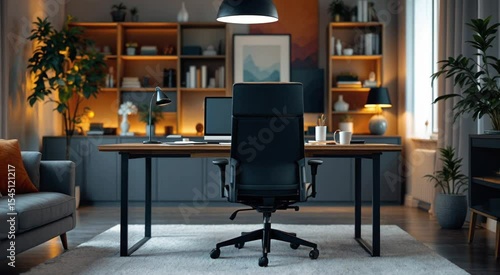 Modern home office interior design with desk chair and decorative accents