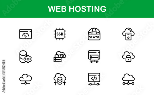 Professional Web Hosting Icons with Server, Domain, and Cloud Elements in Clean Line Art Style