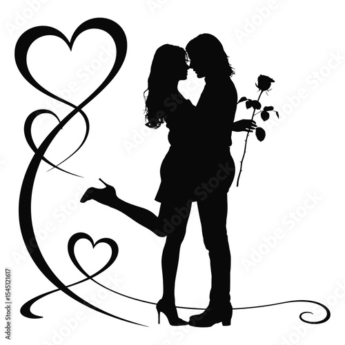 Silhouette Romantic Couple Embracing Holding Rose Black White Hearts Design kissing