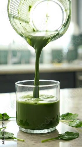 Medium close-up, high angle video of a thick, vibrant emerald green smoothie slowly pouring from an elegant, ribbed glass pitcher into a sleek clear tumbler on a minimalist light tan kitchen counter,