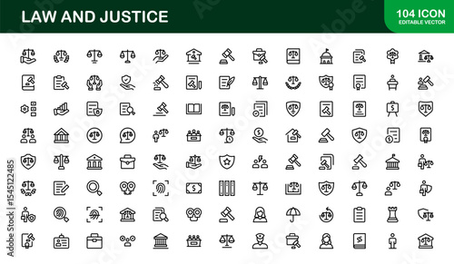 Law and Justice Icon Set in Vector Style Featuring Legal Symbols, Courtroom Elements, and Attorney Tools