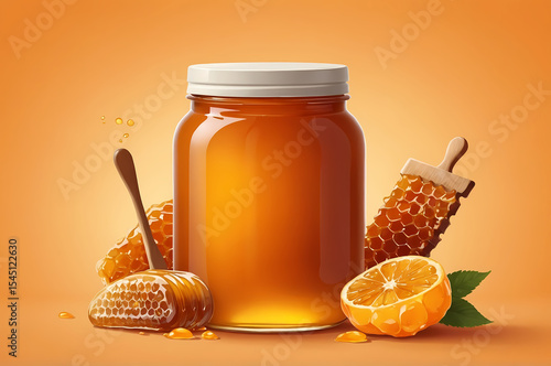 Jar with sweet honey and combs on orange background