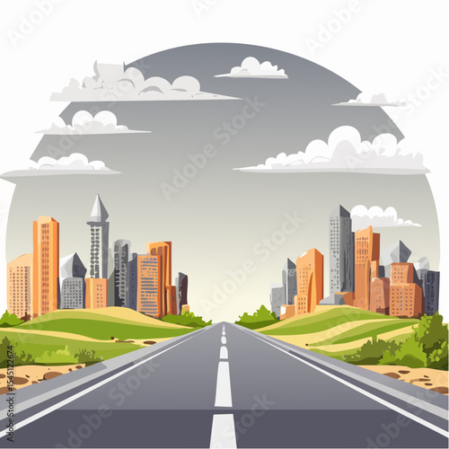 long, empty road cuts through a ruined cityscape under a stormy sky