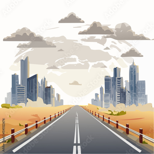 long, empty road cuts through a ruined cityscape under a stormy sky
