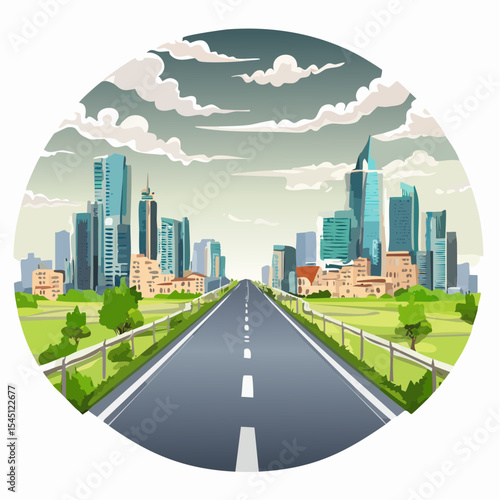 long, empty road cuts through a ruined cityscape under a stormy sky
