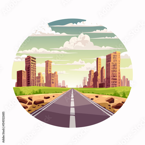 long, empty road cuts through a ruined cityscape under a stormy sky