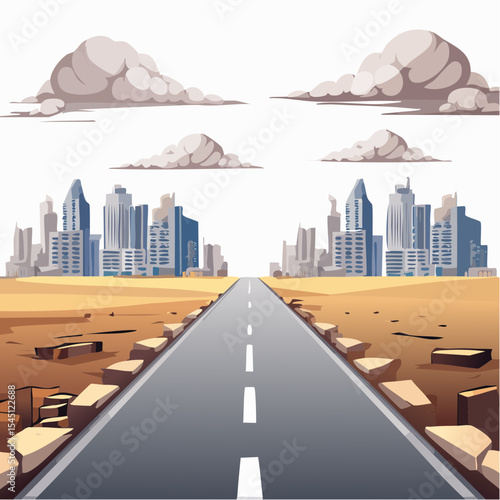 long, empty road cuts through a ruined cityscape under a stormy sky