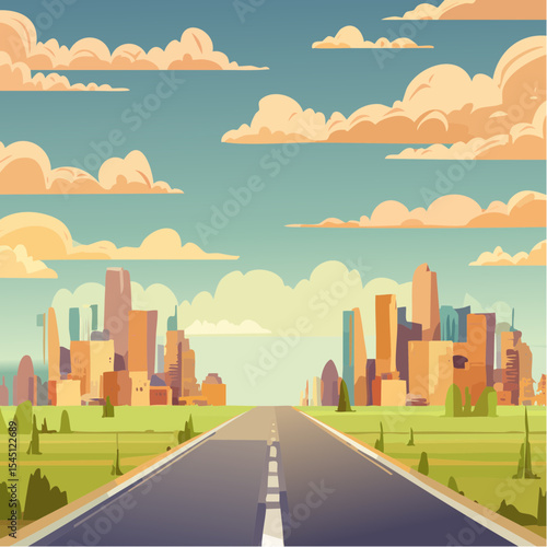 long, empty road cuts through a ruined cityscape under a stormy sky