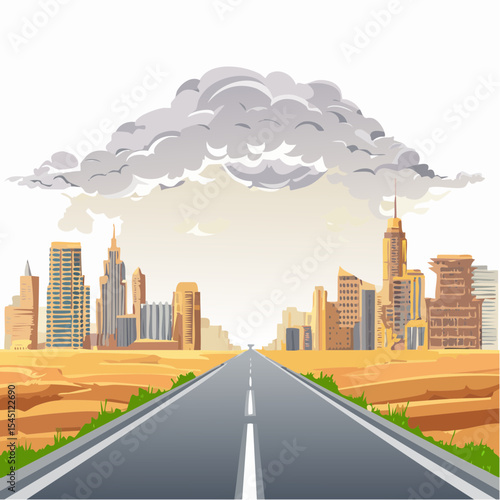 long, empty road cuts through a ruined cityscape under a stormy sky